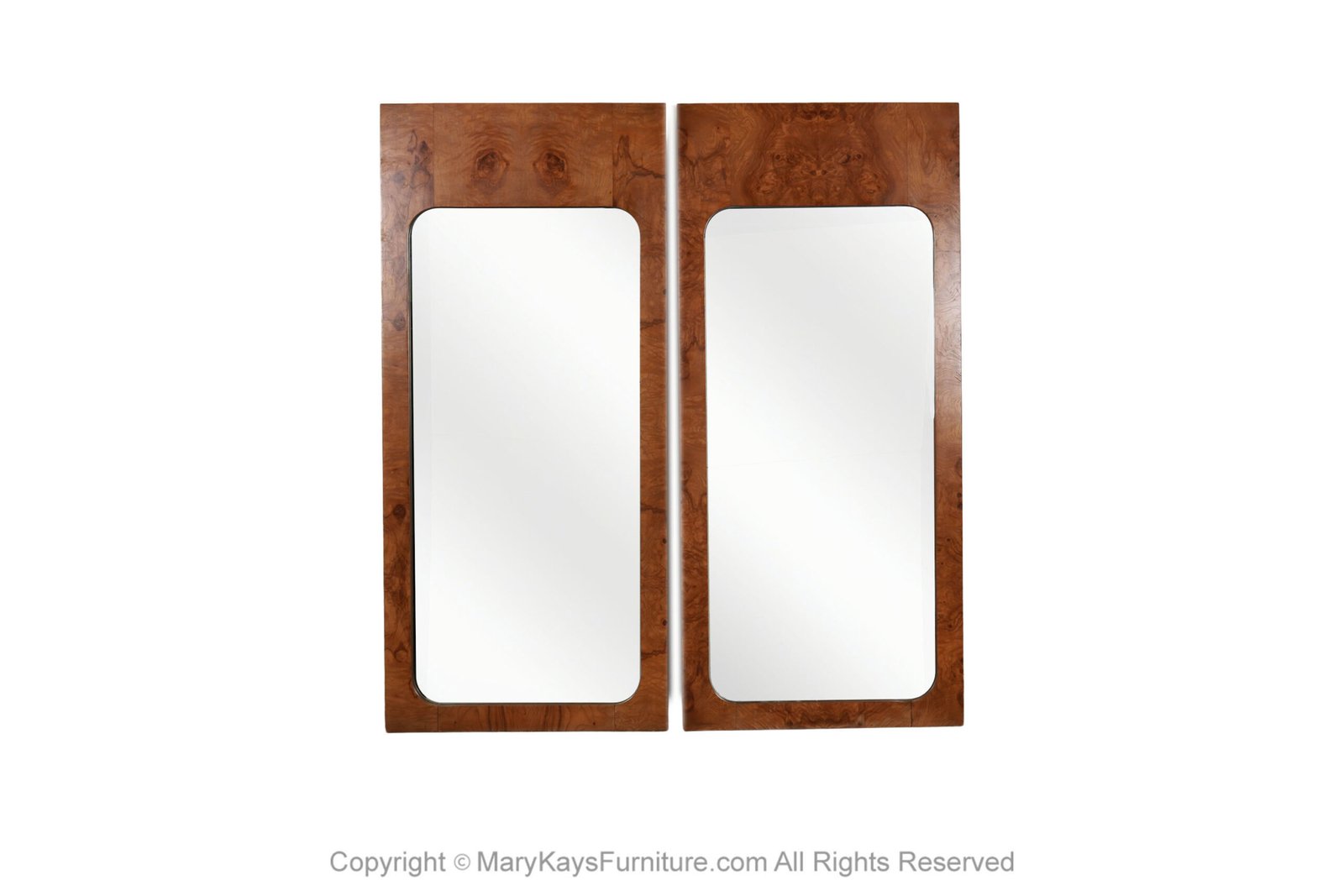 Pair Milo Baughman style Burl Wood Mid Century wall Mirrors 1 scaled
